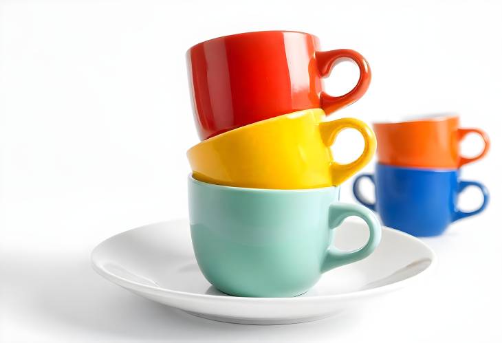 Towering Stack of Multicolored Mugs and Plates for Kitchen Display